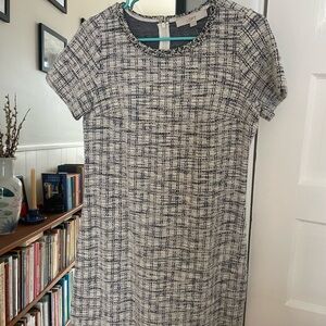 LOFT Black & White Tweed-Style Short Sleeve Midi Dress